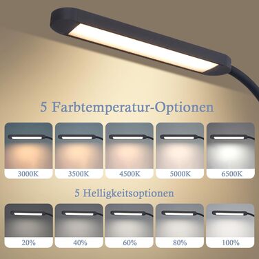 Лампа для столу Homefire LED з кріпленням, диммування: чорна, 3 кольори, 5 рівнів яскравості, 5W, гнучка, захист очей, денне світло для офісу та кабінету
