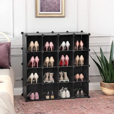 SONGMICS Shoe Rack, Shelving System, Cube Storage Rack, Set of 15 Cubes, DIY Shelf, Stackable, Made of PP Plastic, as a Wardrobe, for Bedroom, Office, 113 x 36 x 113 cm, Black LPC445B02