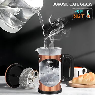 YMMIND 963.9 g French Press Coffee Maker Copper Stainless Steel Coffee Press, with 4-Stage Filtration System, Heat-Resistant Thick Borosilicate Glass, BPA-Free Brewed Coffee Pot for Camping Gifts