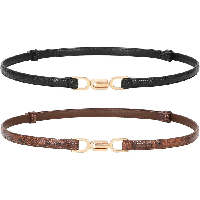 Жіночий тонкий шкіряний ремінь WHIPPY 2 шт. з золотою пряжкою, 105 см, для талії до 95 см (чорний+коричневий, шкіра змії, 8057)