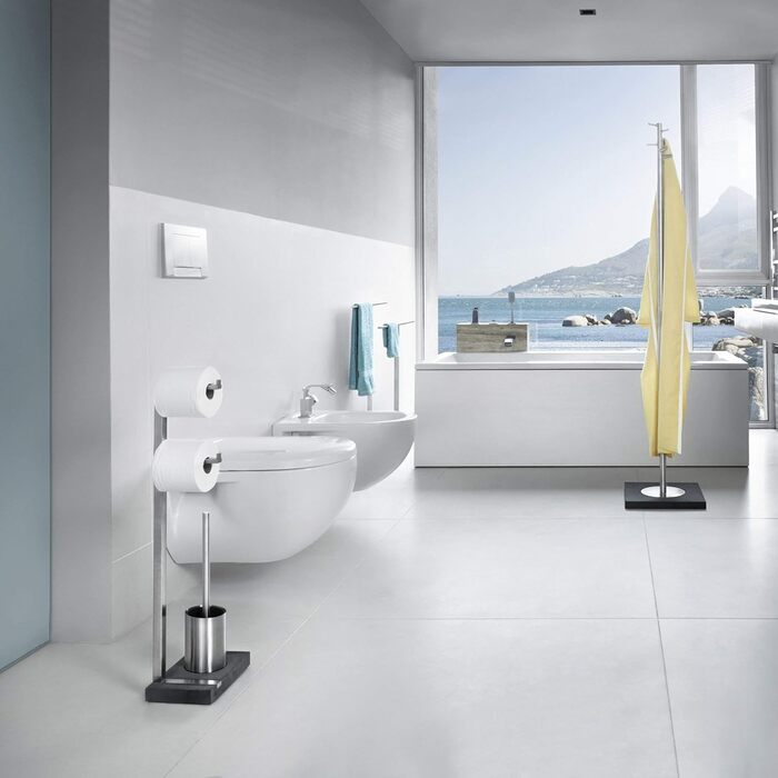 MENOTO - Stand WC-Garnitur (Toilet Butler) - Brushed Stainless Steel, Freistehend (Free-standing), Holds 2 Toilet Rolls, Exclusive Design, Bathroom Accessory (H/W/D: 71 x 20 x 15 cm, Brushed Stainless Steel, 68623)