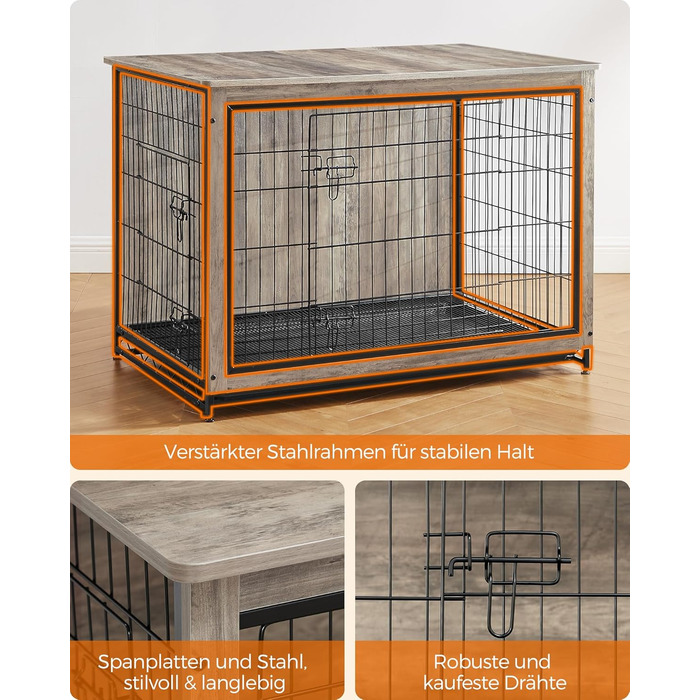 Клітка для собак Feandrea з приставним столиком, переноска, сучасна будка для собак до 36 кг, міцна, для дому, знімний піддон, 2 двері, PFC004X01 (112 x 75 x 82 см, Greige)