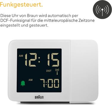 Braun Digital Radio Projection Clock for Central European Time Zone (DCF) with Negative LCD Display, Quick Set and White Alarm Beep, BC15W-DCF.