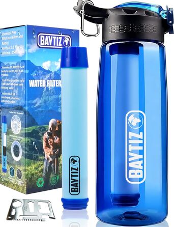 Water Bottle + Straw Filter + Carabiner - Water Filter Outdoor with Activated Carbon - Sports Survival Camping Hiking Survival Water Bottle Straw Water Purifier Life Filter System Straw