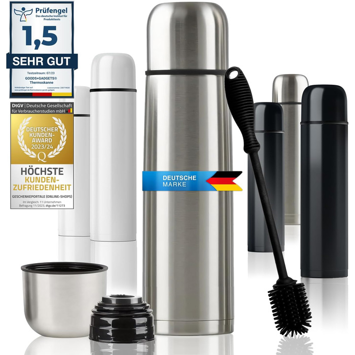 Термос із нержавіючої сталі з чашкою та щіткою; термос-каністра з подвійними стінками, ізольована, не протікає, придатна для миття в посудомийній машині, BPA-free + щітка для чищення; зберігає напої гарячими та холодними (сріблястий - 500 мл)
