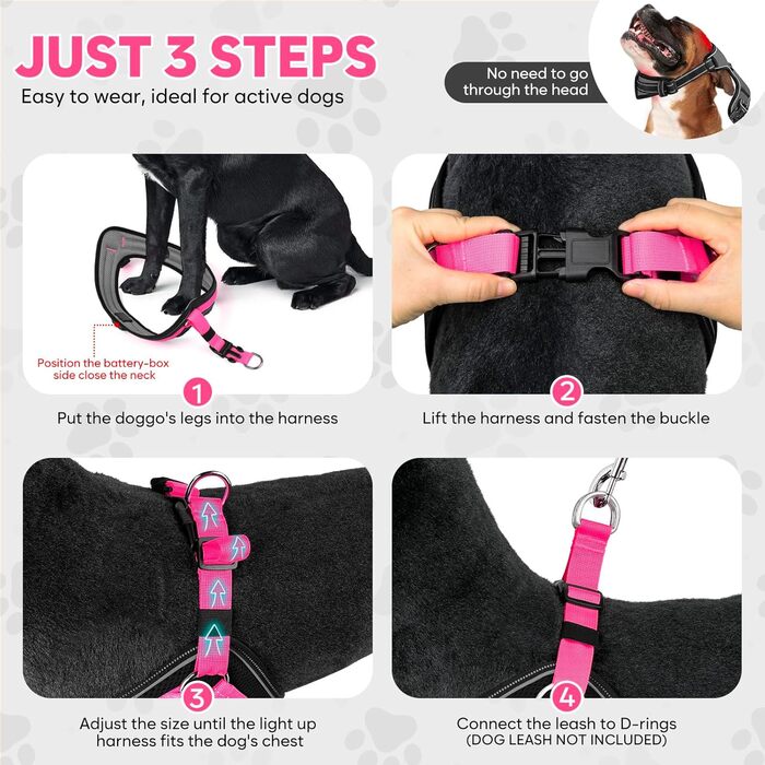 Світловідбиваючий жилет для собак BiPawTi середнього розміру, перезаряджається, жилет для собак зі світлодіодами, 3 режими світіння - світиться в темряві, шлейка для собак, для прогулянок, зелене світло (рожеве/червоне), XL