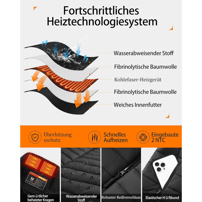 Електрична гріюча жилетка для чоловіків з акумулятором 20000mAh, 8 зон нагріву та 3 рівня температури, для активного відпочинку, чорна