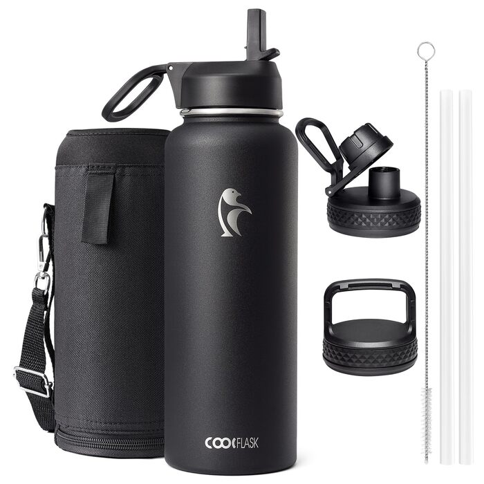 Термофляга Coolflask 1180 мл з трубою та 3 кришками, вакуумна металева пляшка для води для спорту та офісу, чорна