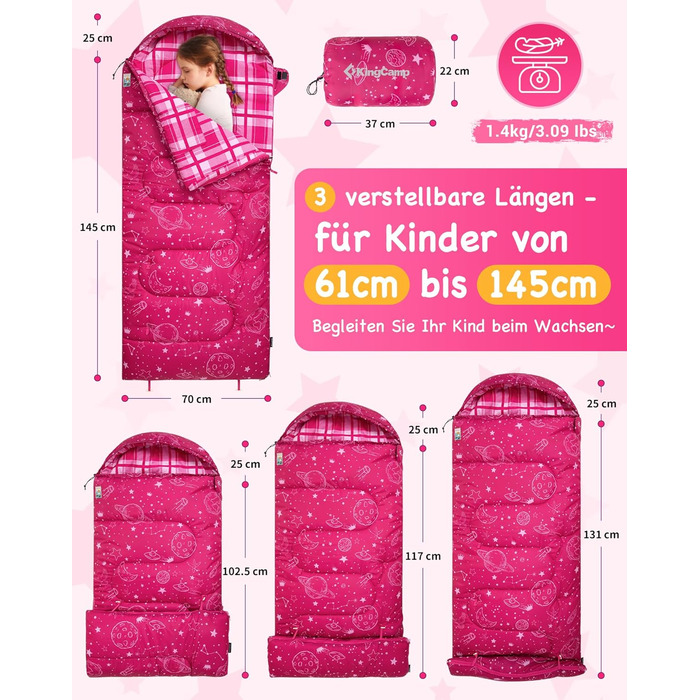 KingCamp Kids Sleeping Bag - Winter Warmth, 3-4 Season Comfort for Camping & Trekking - 170x70cm, 7°C Rating, Adjustable Length