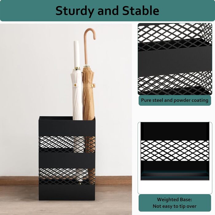 LANDVOI Metal Umbrella Stand - Rectangular, Portable, with Removable Drip Tray - Black