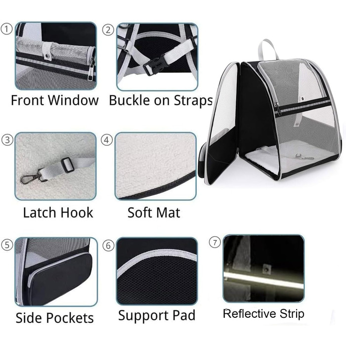 Рюкзак для кота/маленької собаки, чорний. Транспортна переноска для тварин до 8 кг, з вікном та безпечною пов'язкою. Ідеально для прогулянок та подорожей.