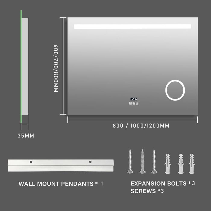 LED дзеркало для ванної кімнати з підсвічуванням 80x60 см: Bluetooth, годинник, 3 кольори світла, сенсорне регулювання, проти запотівання, збільшення, для ванної, туалету, коридору