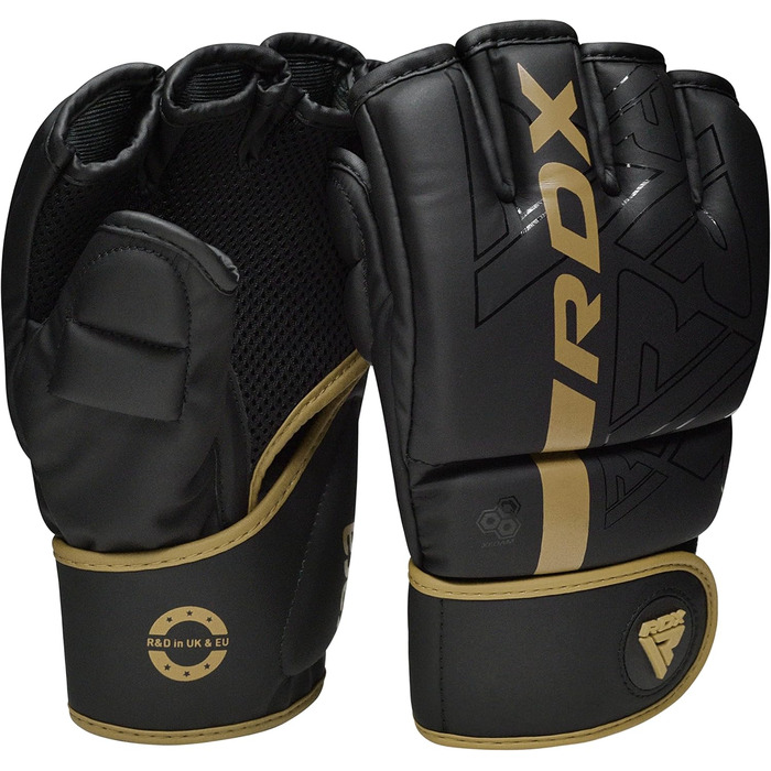 Боксерські рукавички RDX Profi MMA: шкіряні, для тренувань, спарингу, кікбоксингу, муай-тай, чорні (Золотий, S)