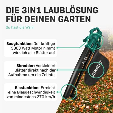 VONROC Electric Leaf Blower 3300W - 3-in-1 Leaf Collector Function - Blow 270km/h, Vacuum, Shred - Includes 40L Collection Bag