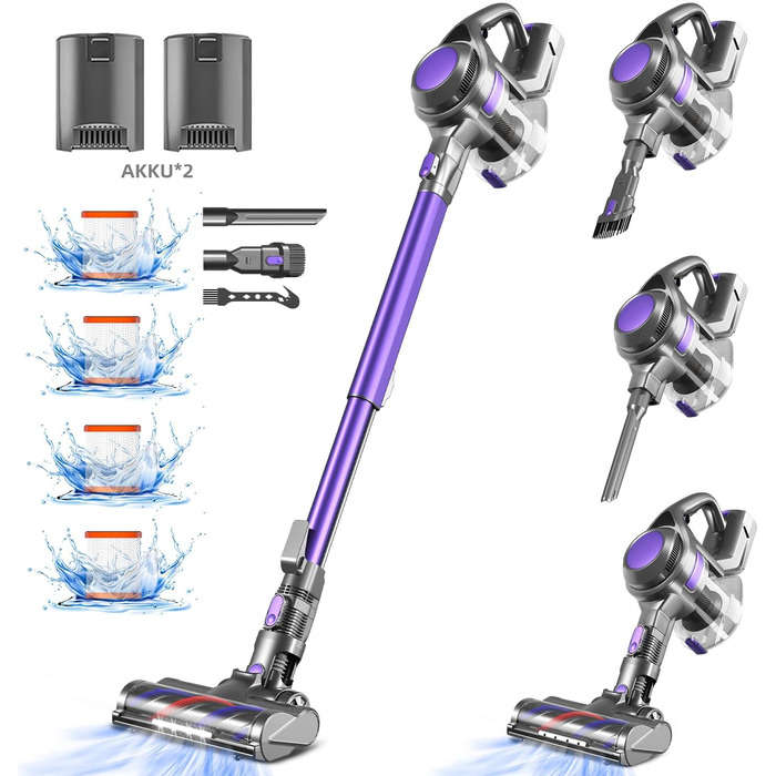 Бездротовий акумуляторний пилосос 40000Pa з 4 HEPA-фільтрами та контейнером 1.6L | 450W для твердих поверхонь, килимів та шерсті тварин (Lila)