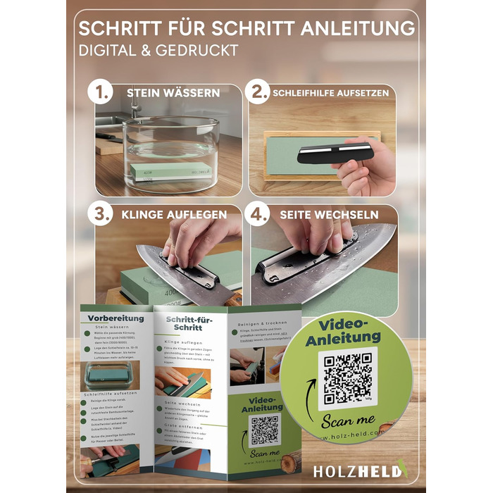 Набір для заточування ножів та інструментів Schleifstein: 400/1000/3000/8000 гріт, шкіра, кутник для заточування