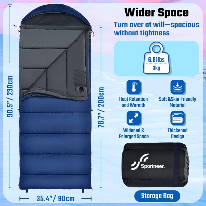 Спальний мішок зимовий XXL 230x90 см з капюшоном та підкладкою Kristallsamt для дорослих, -5°C