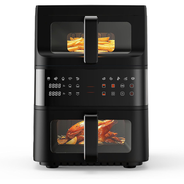 Електрична фритюрниця без олії (10л) з подвійним набором камер, подвійний набір, сенсорний екран, 10 програм, таймер, чорна