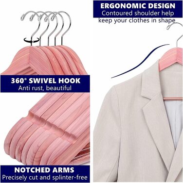 Amber Home 10-Piece 17.5-inch Cedar Wood Clothes Hangers with Non-Slip Notch, Natural Cedarwood Hangers with Round Bar for Suit, T-Shirt, Shirt, Jacket, Coat, Dress, Pants