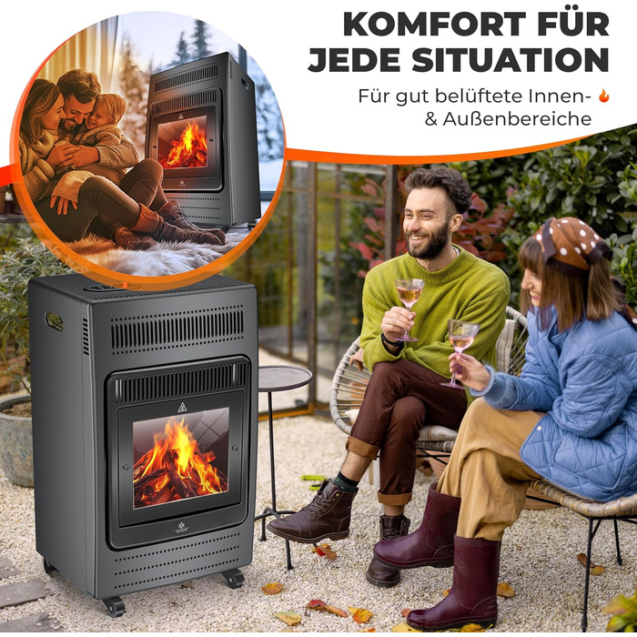 Газовий обігрівач KESSER® - газовий камін з інфрачервоним нагрівачем, 3.4 кВт, 2 режими, з газовим редуктором та шлангом, для бутану/пропану, антрацит
