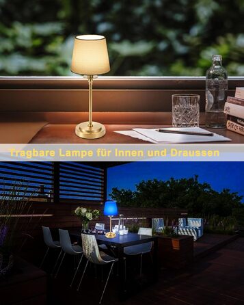 Акумуляторна настільна лампа: портативна, бездротова з регулюванням яскравості, для дому та саду, абажур з льону, античне біле металу, RGB синій абажур