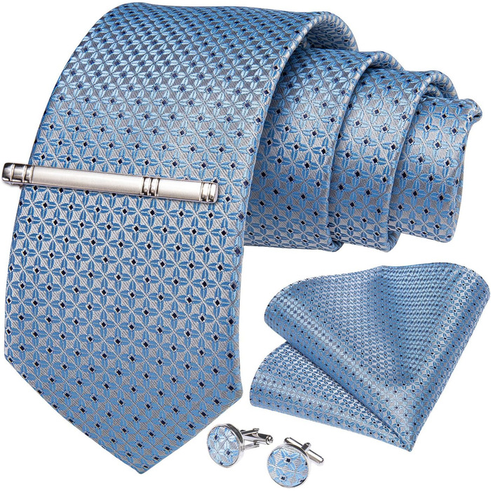 Набір краваток чоловічий DiBanGu з шовковим смугастим та клітинчастим візерунком, з нагрудним хустиною, запонками та краваткозажимом для весілля та офіційних заходів, світло-блакитний