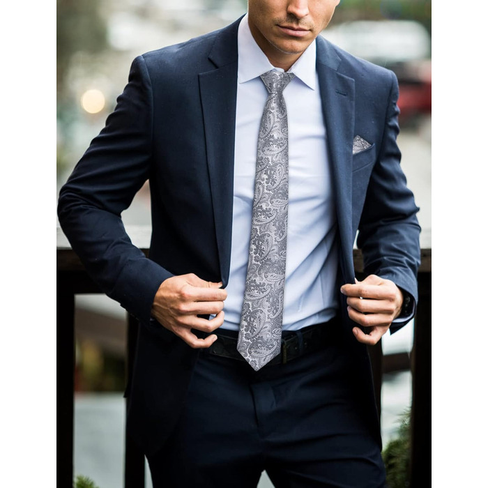 Набір краваток DiBanGu чоловічий: шовковий, з Paisley візерунком, краватка-метелик, затискач для краватки, запонки, для весілля та бізнесу, сірий