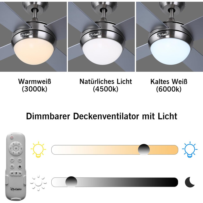 Стеляний вентилятор Ovlaim 122 см з LED-підсвічуванням та дистанційним керуванням, коричнева лампа, 6 швидкостей, DC мотор, тихий, для спальні/тераси (сріблястий)