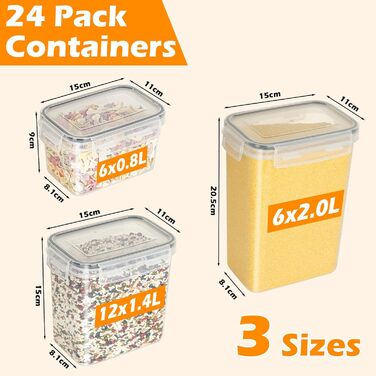 Набір контейнерів для зберігання Withosent (24 шт.) з кришкою, 2L, 1.6L, 0.8L