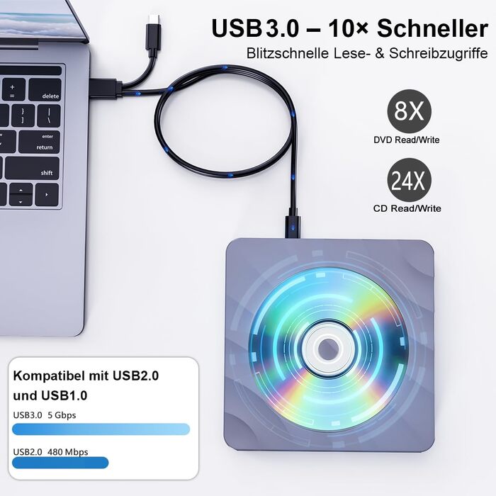 Зовнішній USB DVD/CD привід-записувач для ноутбука та ПК, оптичний накопичувач +/-RW ROM для Windows, MacOS, Linux (сірий/сріблястий)