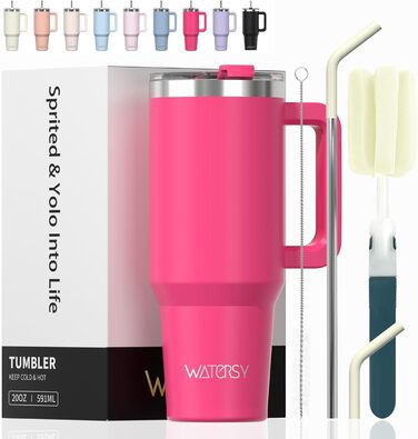 Термокружка WATERSY 40oz (591 мл) з нержавіючої сталі, подвійні стінки, з ручкою та трубочкою, для гарячих та холодних напоїв, рожевого кольору