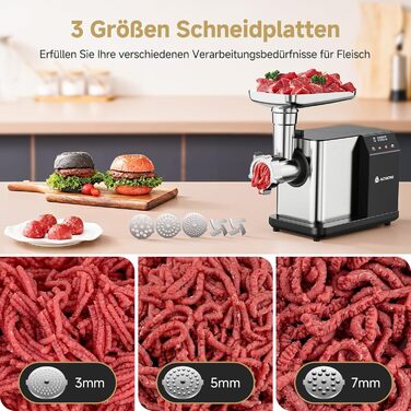 AAOBOSI Electric Meat Grinder - 3000W, LED Display, 3 Speeds, Anti-Clogging, Sausage Maker & Kibbeh Maker - Stainless Steel for Home Use
