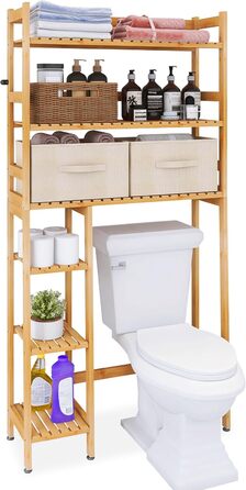 SMIBUY Over The Toilet Storage, 6-Tier Bamboo Bathroom Shelf with Drawers, Freestanding Over the Toilet Organizer Rack, Ample Storage, Space Saver for Small Spaces (Natural)