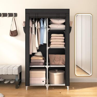 Wardrobe, Portable Fabric Clothes Closet with Clothes Rod, 6 Shelves, 4 Side Pockets, and Cover, Sturdy Clothes Racks for Bedroom Dressing Room (Black, 84 x 42 x 162 cm)
