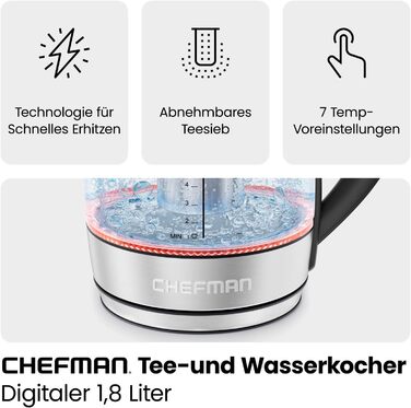 Chefman 1.8L Electric Glass Kettle with Temperature Control - Stainless Steel, Infuser, Auto Shutoff, LED Display