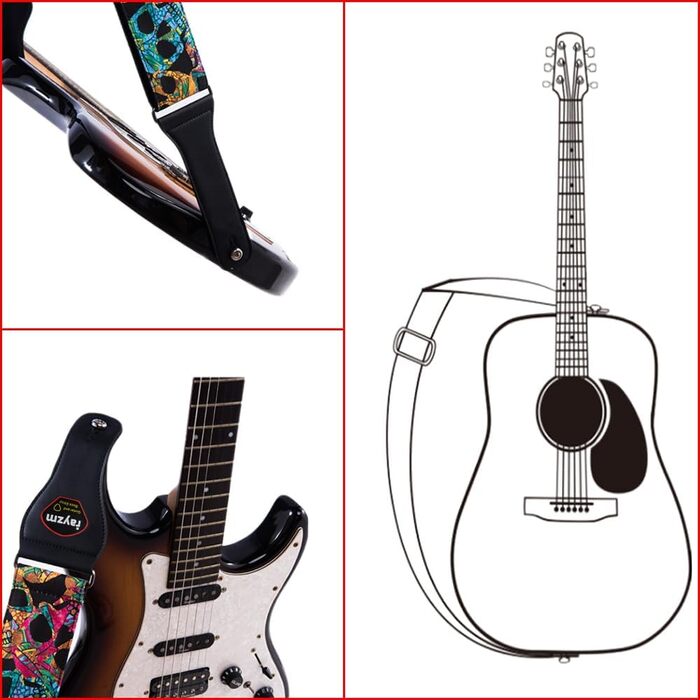 Гітарний ремінь Rayzm для акустичної, електрогітари та бас-гітари з баскліком та дизайном черепа, 6.5 см, для дорослих