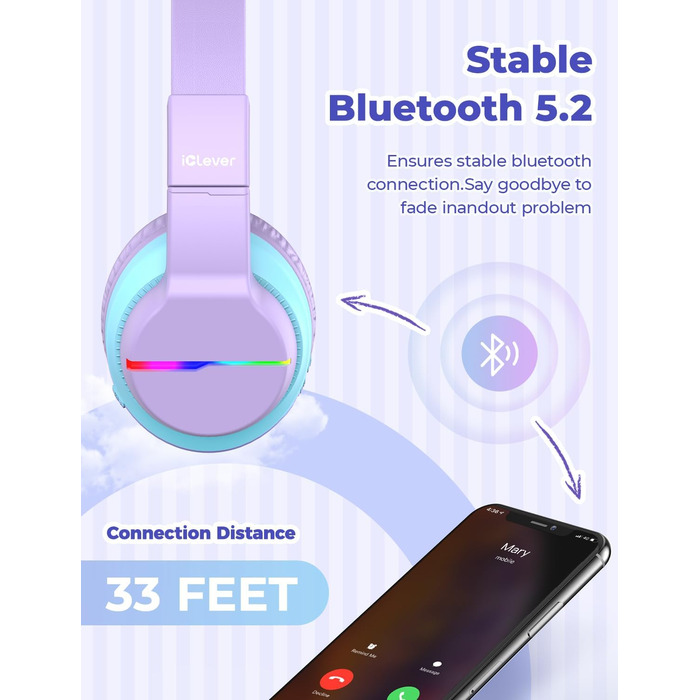 iClever Бездротові навушники для дітей з LED-підсвічуванням, Over-Ear, Bluetooth 5.2, мікрофон, BTH12, фіолетовий