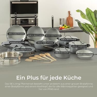 Каструля Be Living Essential з кришкою, 24 см, 7 літрів, антипригарне покриття Keramik, для індукційних плит, без PTFE та PFOA, сіра