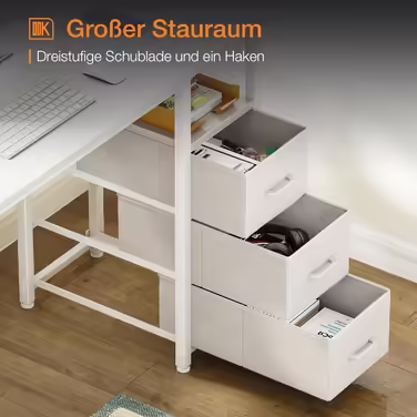 ODK Desk with 3 Fabric Drawers, Computer Desk with 2 Sockets and USB Ports, Reversible PC Desk Office Desk for Home Office (White, 120x48x75.5 cm) 120x48x75.5cm White