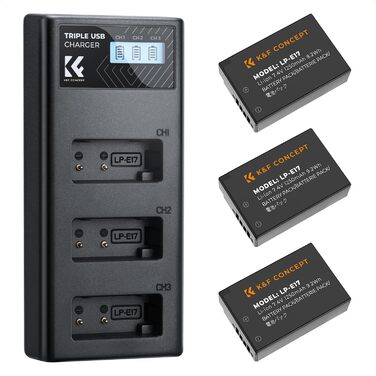 Акумулятор LP-E17 3шт. K&F Concept 1250mAh + LCD зарядний пристрій для Canon EOS RP, R10, R8, R50, Rebel T8i, T7i, T6i, SL2, SL3, 77D, 750D