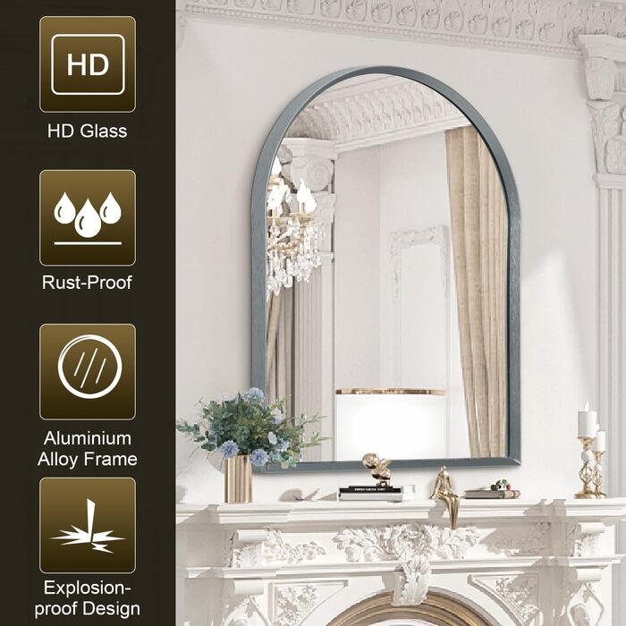 Дзеркало настінне з вигнутим склом, 45x65 см, сірий металевий каркас, для ванної кімнати/вітальні/спальні