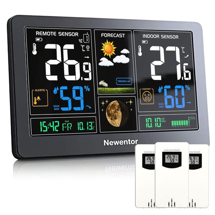 Newentor Weather Station Radio with 3 Outdoor Sensors - Radio Weather Station with Weather Forecast, Temperature Warning, DCF Radio Clock - Battery Powered and Mains Powered, Black 1*Station + 3*Outdoor Sensor Black