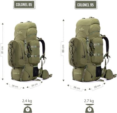 Tripole Rucksack from the Colonel Series with Internal Frame - Featuring Detachable Daypack and Rain Cover (95 Liters, Olive Green)
