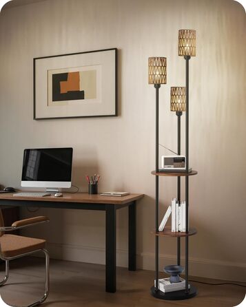 Стельова лампа для вітальні з полицею, 3-лампова торшер з етажеркою у стилі вінтаж, бохо торшер з дерева з вимикачем на ніжці, патрон E27, ретро-дизайн у кольорах коричневого та бежевого, ZEF53LDD05 (Ротанг, Чорний)