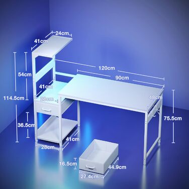 Ігровий стіл Coleshome з LED-підсвічуванням, з ящиками та полицею, регульований, з тримачем для навушників (білий карбон, 120×48 см)