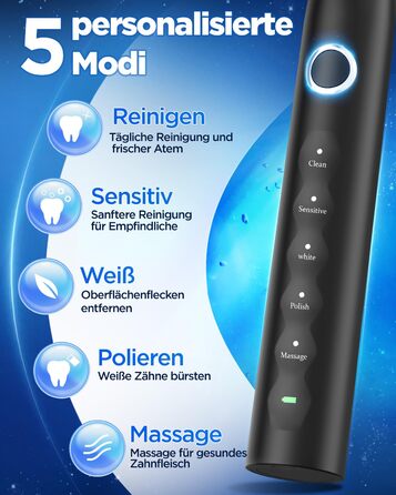 Електрична зубна щітка зі звуковими вібраціями, 8 насадок (3 типи), таймер, 120 днів роботи від акумулятора, 5 режимів чищення, чорний колір, для дорослих, з зарядною станцією