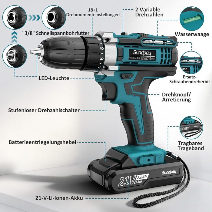 Акумуляторний шуруповерт Sundpey Set з 2 акумуляторами 2.0Ah, 21V, 1500 об/хв, 45Nm, 18+1 режим, LED-підсвічування, для ремонту та DIY
