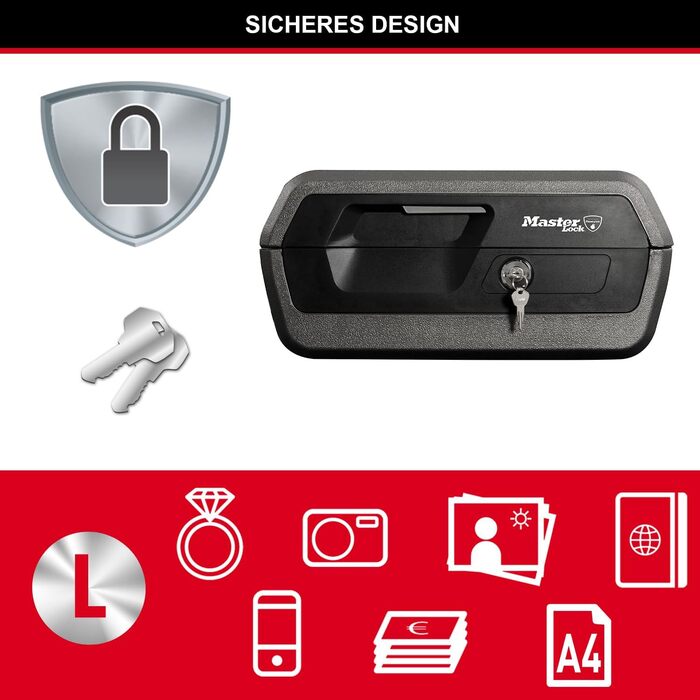 Master Lock Fire & Water Resistant Security Safe - Large Key Lock Box for ID Cards, A4 Documents, Small Electronics, Jewelry - 10L Capacity