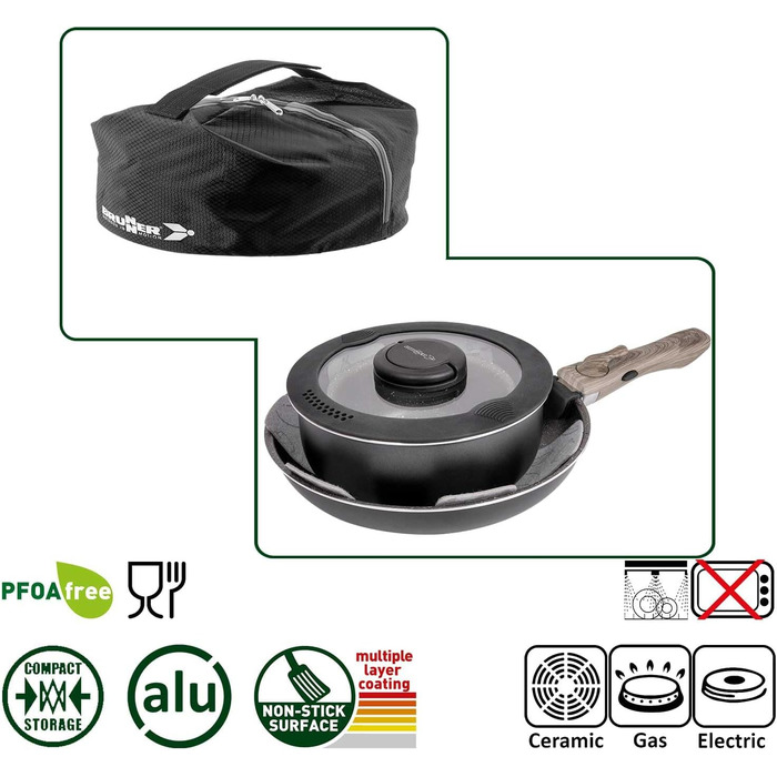 Набір посуду для кемпінгу BRUNNER з алюмінію (каструлі та сковорідки) - діаметр 20, 22, 24, 26 см, Pirate Vakublock, на 4 особи, з покриттям, легкий, високоякісний, стекується, 4+1 частина, міні діаметр 20 см (діаметр 26 см 5+2 частини)