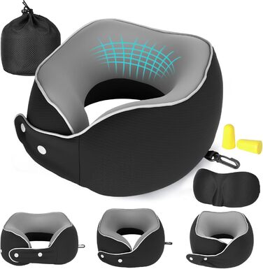 Ортопедична подушка для шиї з memory foam - підтримка 360°, для подорожей (літак, авто, поїзд), знімний плюшевий чохол, у комплекті: чохол для перенесення, навушники та маска для сну